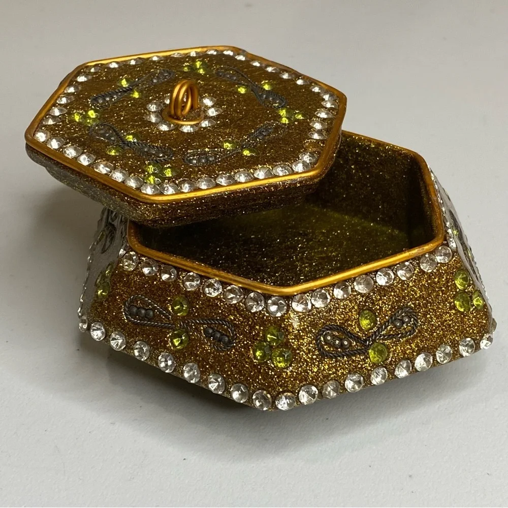 Vintage Gold Sparkly Enameled Bejeweled Trinket Jewelry Box Moroccan Mosaic